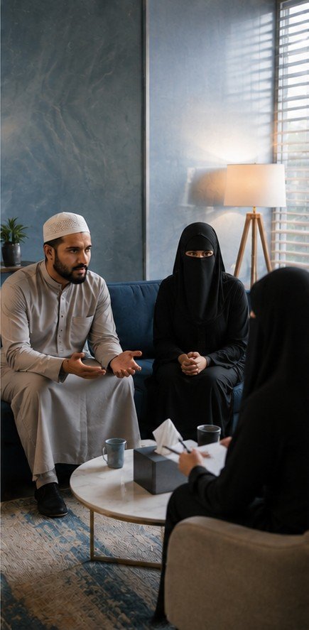 A husband and wife talking with a counsellor